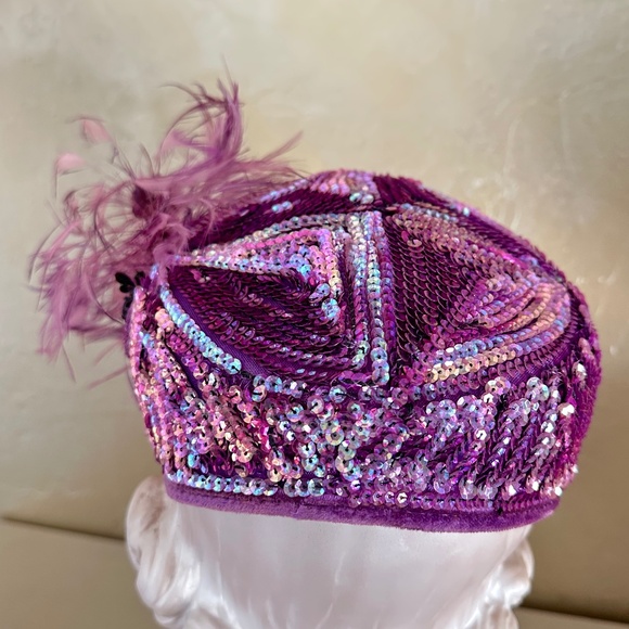 GLOWING 1950\'s PURPLE COCKTAIL HAT + SEQUINS/FEATHERS/FLOWERS/BROOCH main image 6